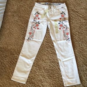 New With Tags, Embroidered white denim jeans